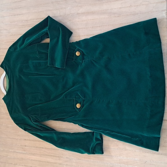 Vintage Velvet Classy Dark Green Shift Tailored Holiday Front Gold Button Dress - Picture 1 of 10